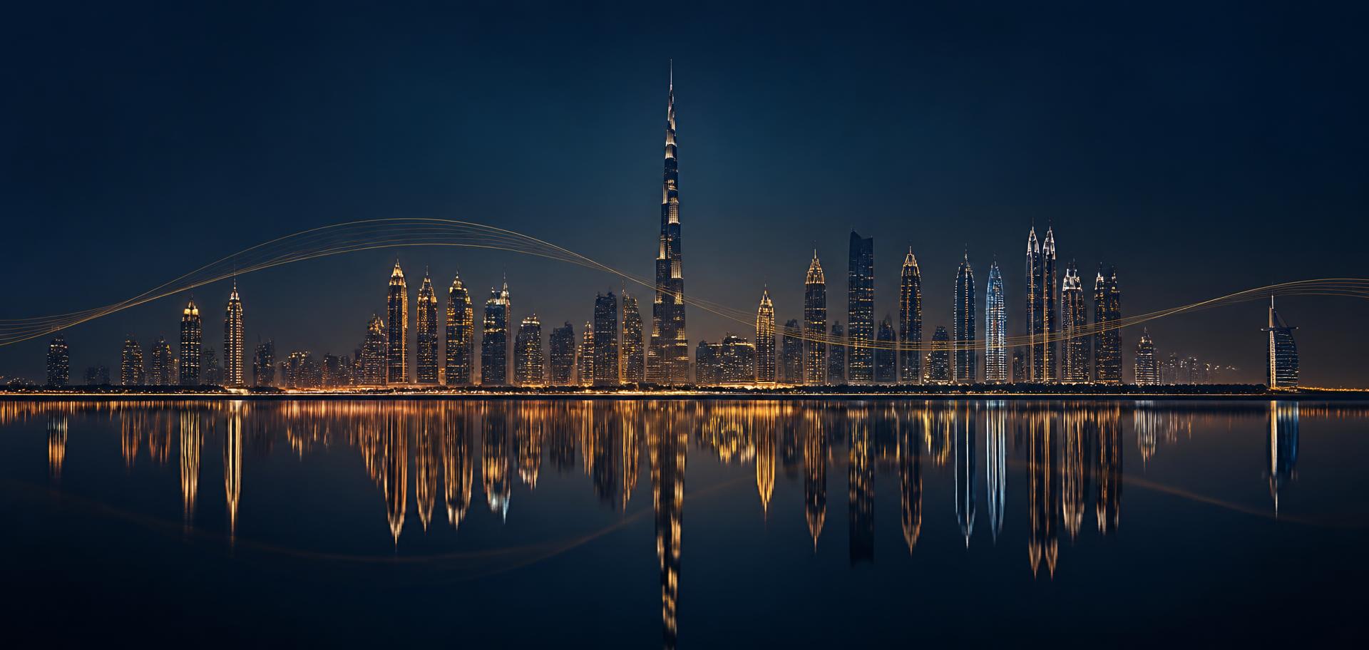 Dubai skyline at night reflected in calm water