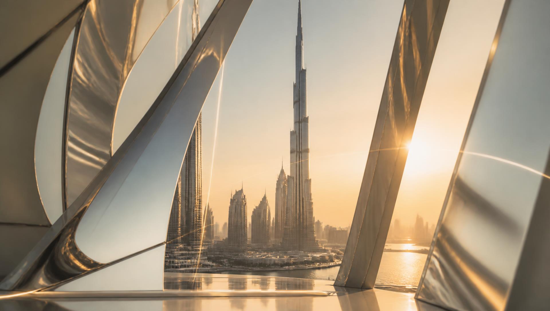 ALIX laser technology framed by chrome architecture above the Dubai skyline at golden hour